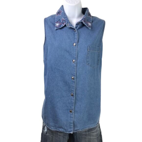 Vintage 90's Cascade Blues Chambray Star Top XL - Picture 1 of 5